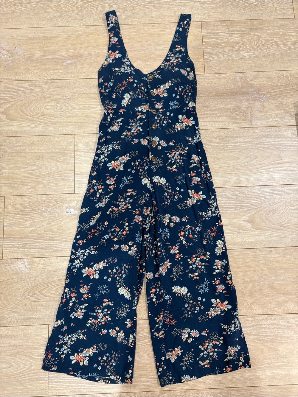 Afends Navy Floral Button-Front Wide-Leg Jumpsuit